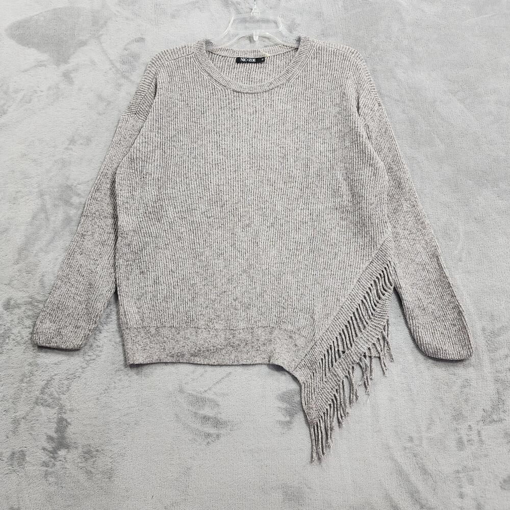 NIC+ZOE Sweater Womens M Gray Asymmetrical Fringe Hem Crew Neck Pullover Boho